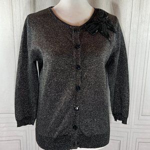 LN August Silk Black & Silver Metallic Cardigan with Black Ornate Bow on…